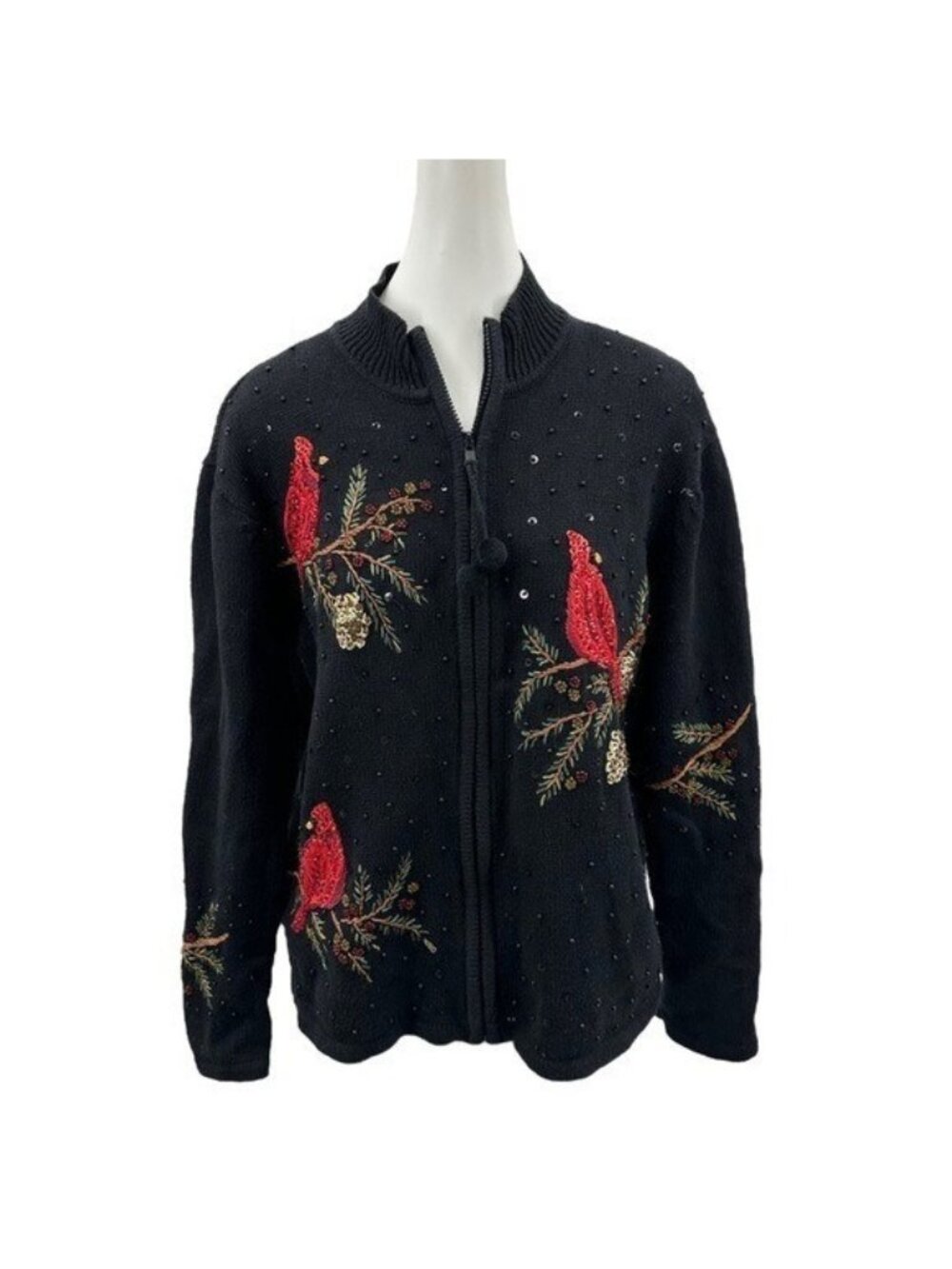 Tiara International Vintage M Cardigan Sweater Cardinal Beaded Zip Up Black Bird